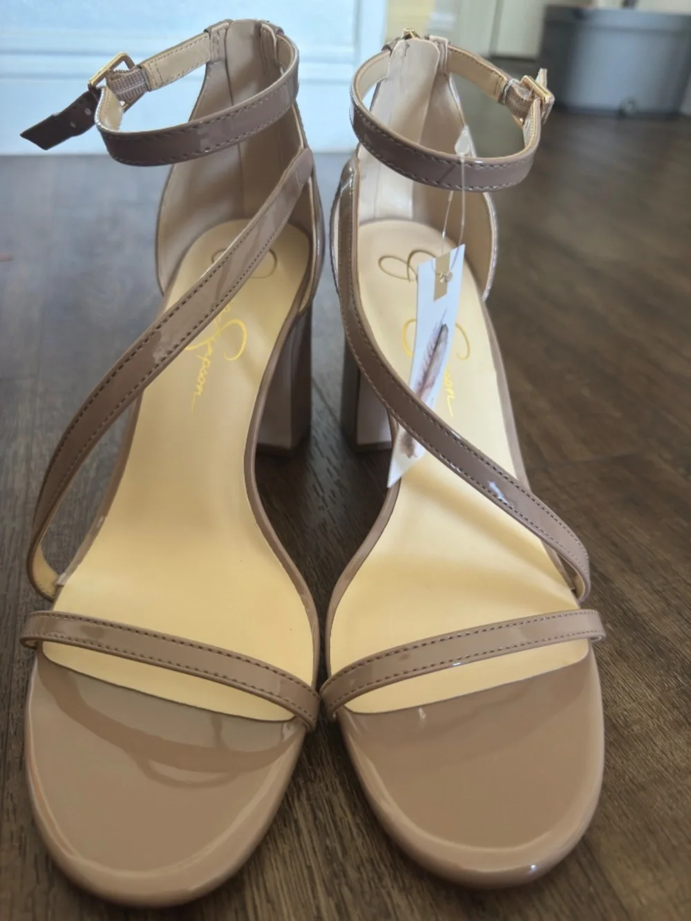 Jessica Simpson Nude Patent Crisscross Ankle Strap Block Heels